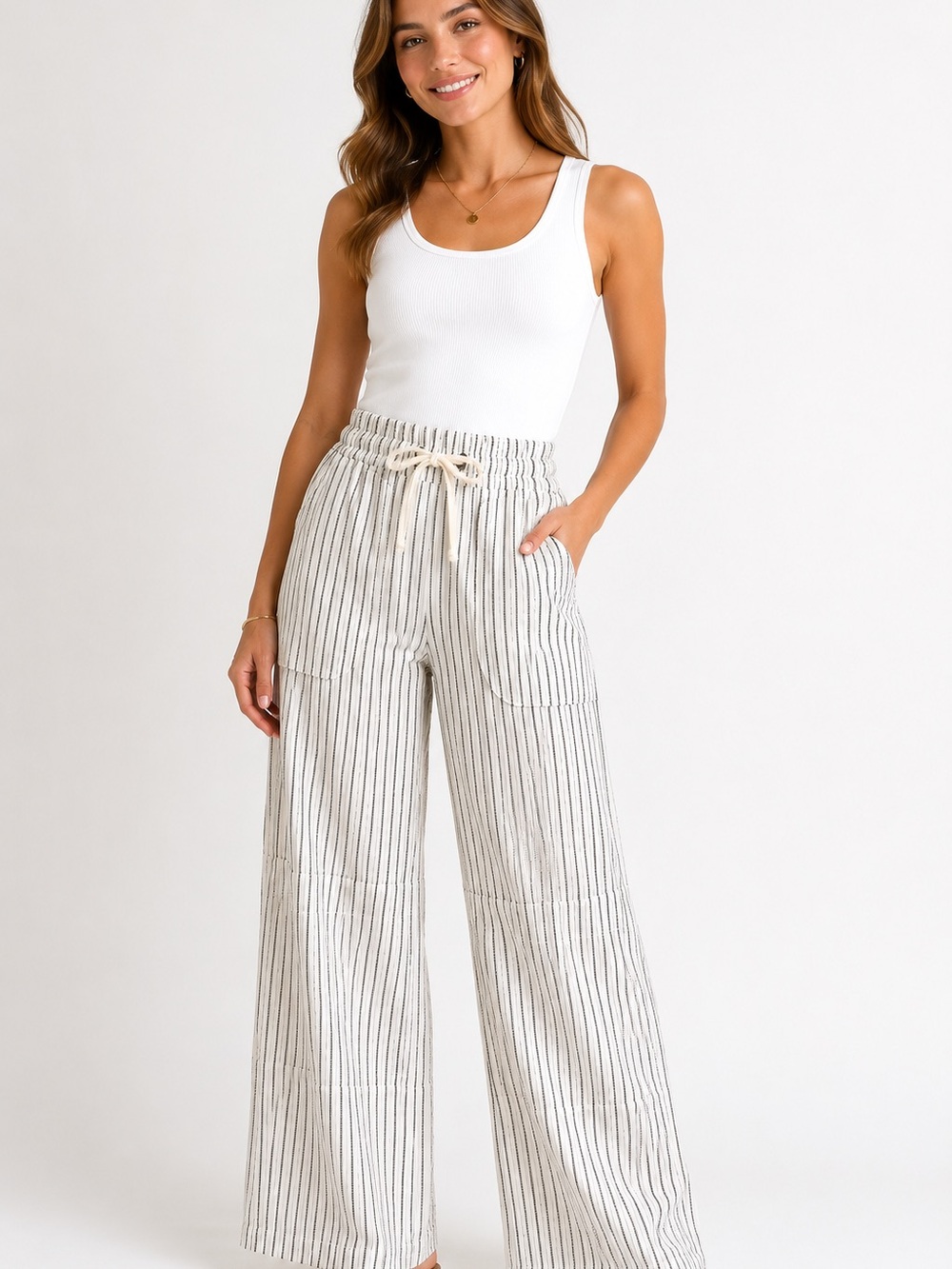 Athleta Striped Wide-Leg Drawstring Linen Pants - White/Navy